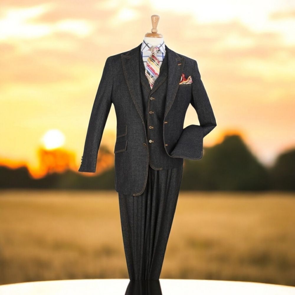 MEN'S ROYAL DIAMOND 3 PIECE BLACK DENIM FASHION SUIT W/ 4 BUTTON VEST. DEN-2.